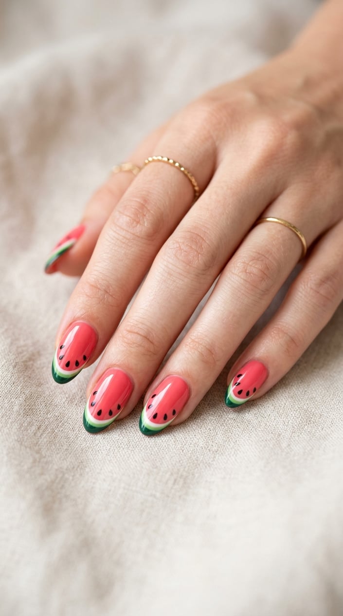 Close-up of a hand with nails painted in watermelon slice French tip design.