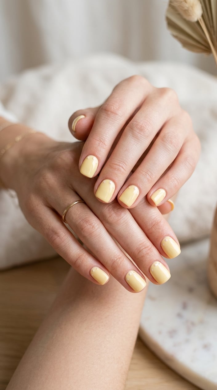 Close-up of hands with butter yellow nails decorated with small dots on a neutral background.