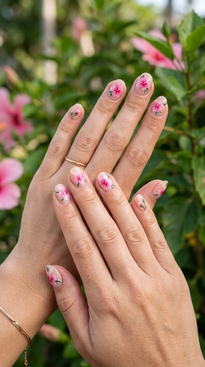 Close-up of hands with sheer nude base nails decorated with pink hibiscus flowers.