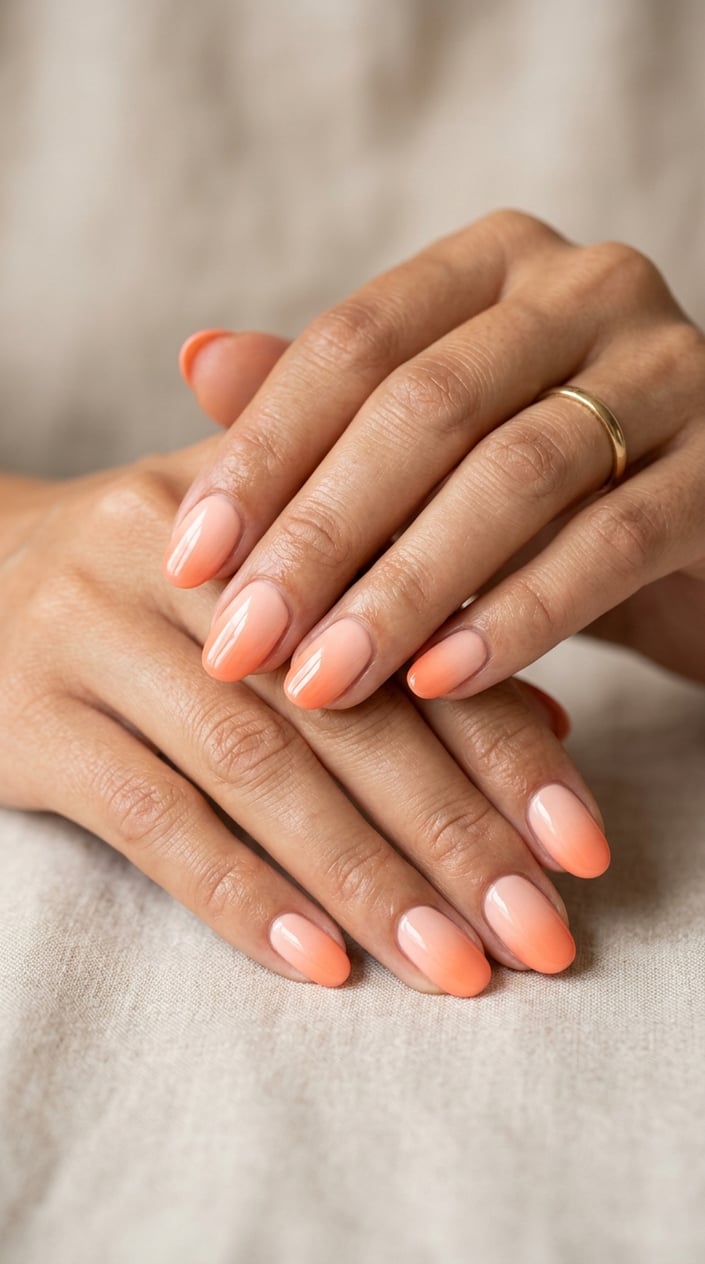 Close-up of a woman's hands with peach ombré gradient nails against a neutral background.