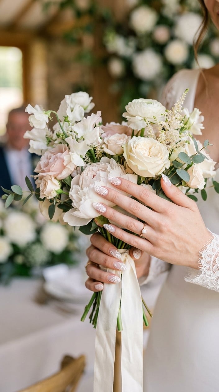 Close-up of hands with white lace-patterned nails holding a small bouquet of white and pastel flowers.