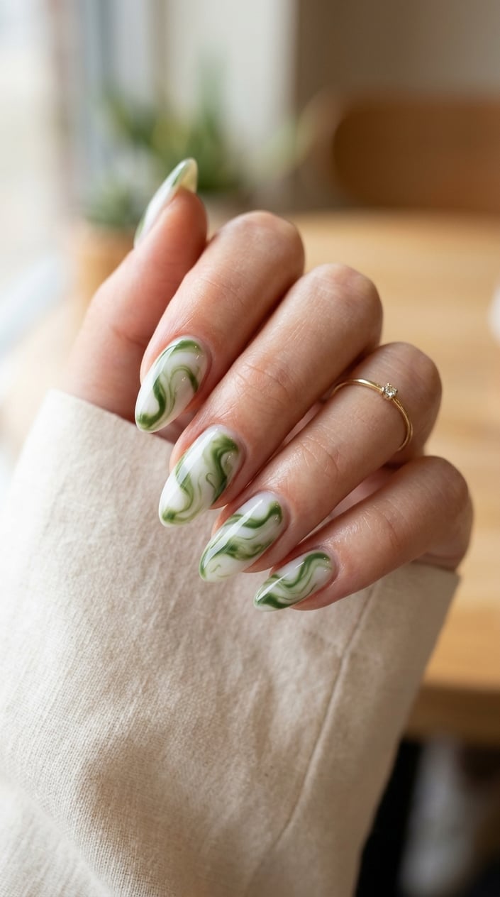 Close-up of a hand showing nails painted with green swirl designs on a white base.