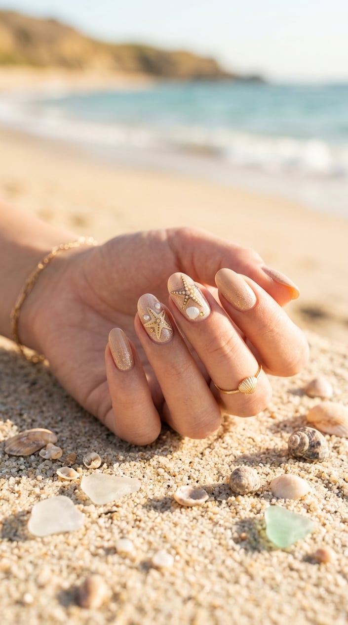 Close-up of a hand with sandy beige and gold nails featuring starfish designs resting on a sandy beach surface.