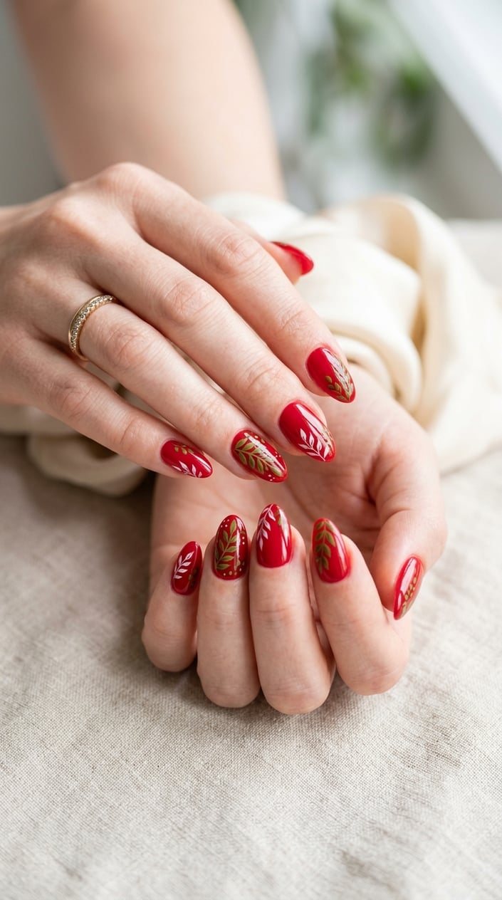 Close-up of a woman's hands showing glossy red nails with olive green details.
