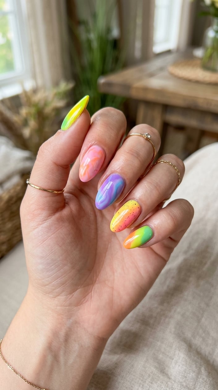 Close-up of a hand with colorful pastel nails in pink, orange, yellow, green, and purple shades.