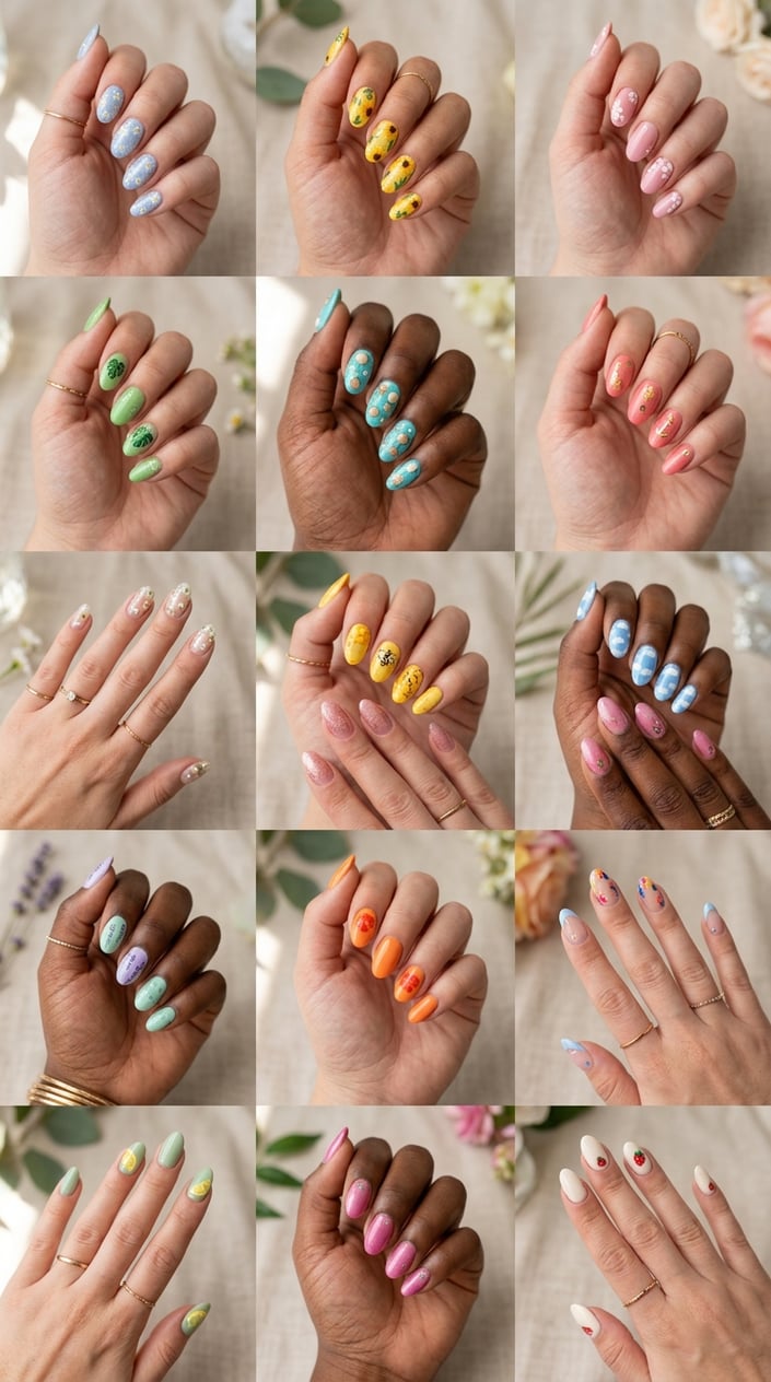 Multiple hands showing a variety of colorful and detailed summer-themed nail designs.