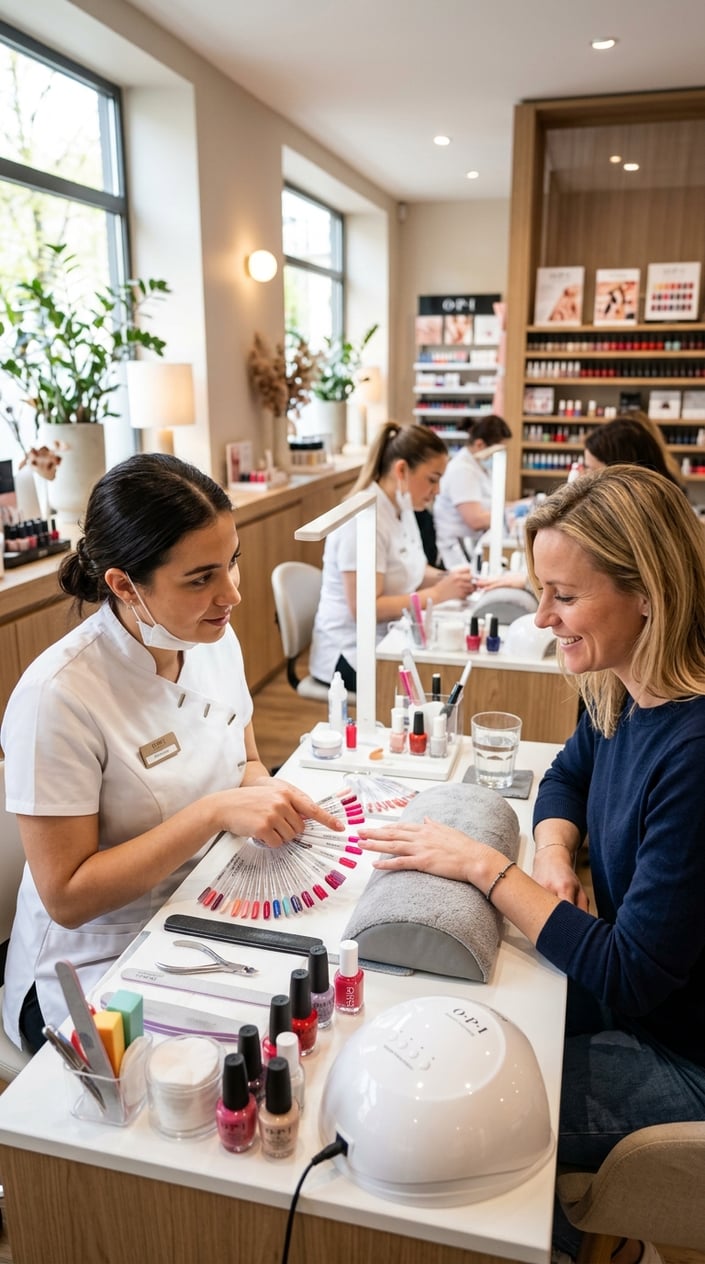 A nail technician consulting with a client at a manicure table in a bright nail salon.