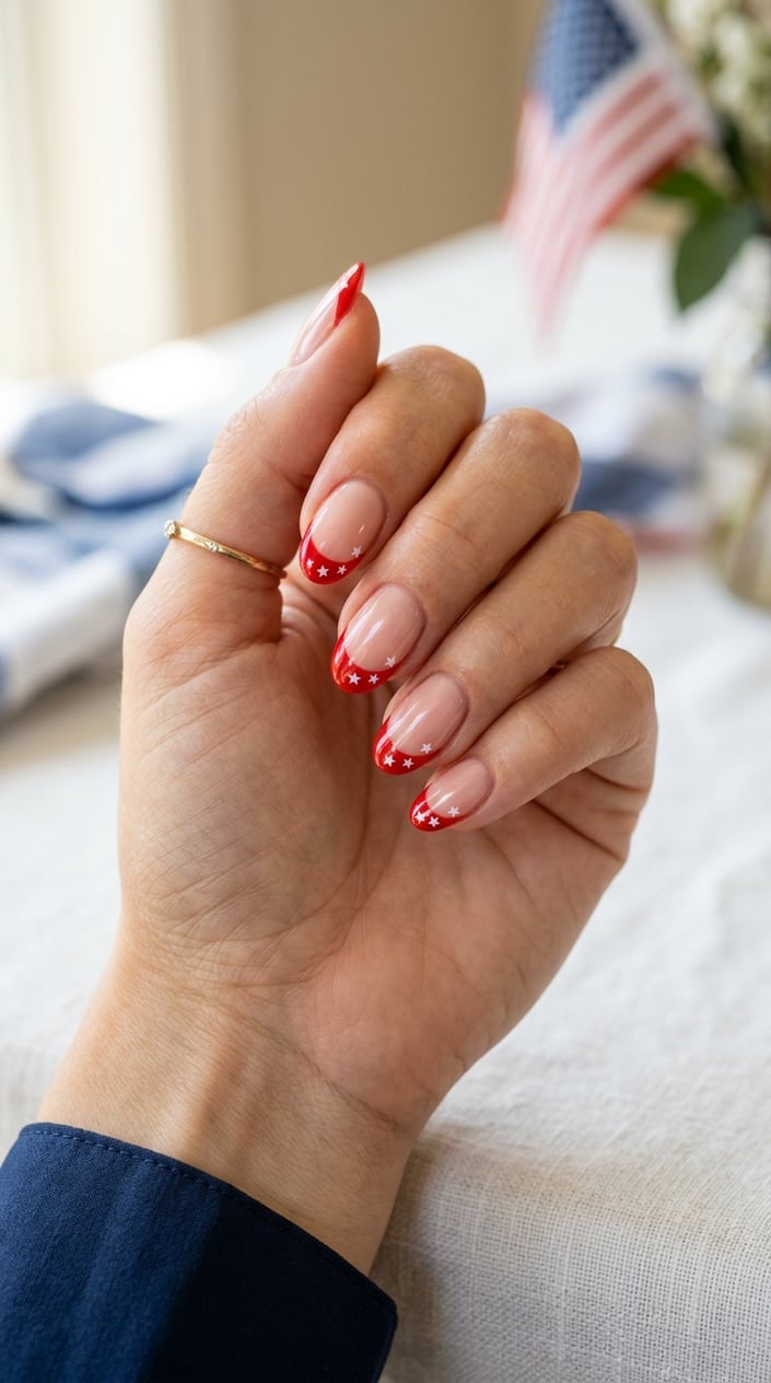 Close-up of a hand with red French tip nails decorated with white stars.