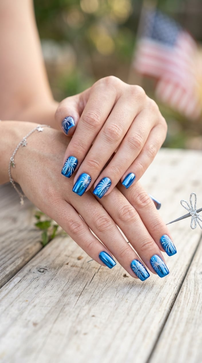 Close-up of hands with blue chrome nails decorated with silver firework designs.