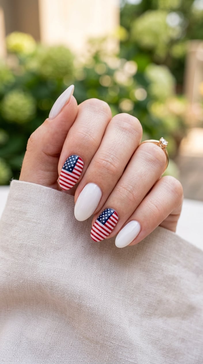 Close-up of a hand with American flag design nails on a milky white base.