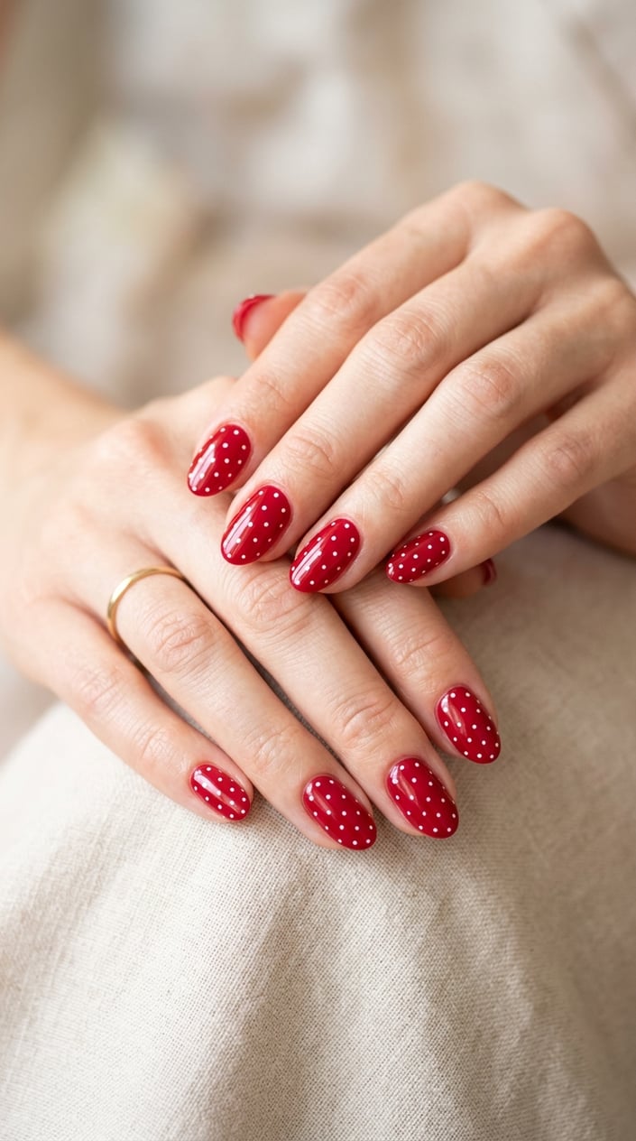 Close-up of hands with cherry red nails decorated with tiny white polka dots.