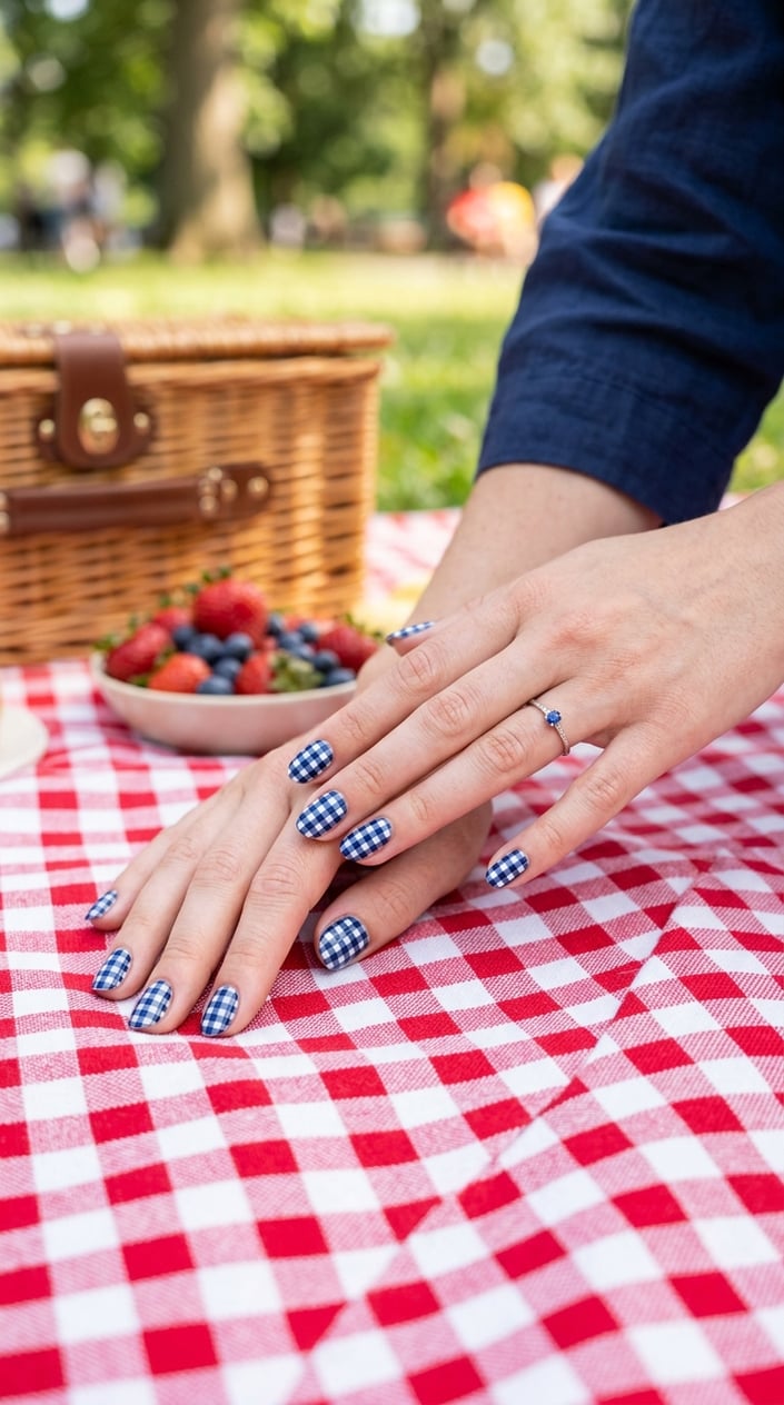 Close-up of hands with navy and white gingham patterned nails resting on a red and white gingham picnic blanket with picnic items in the background.