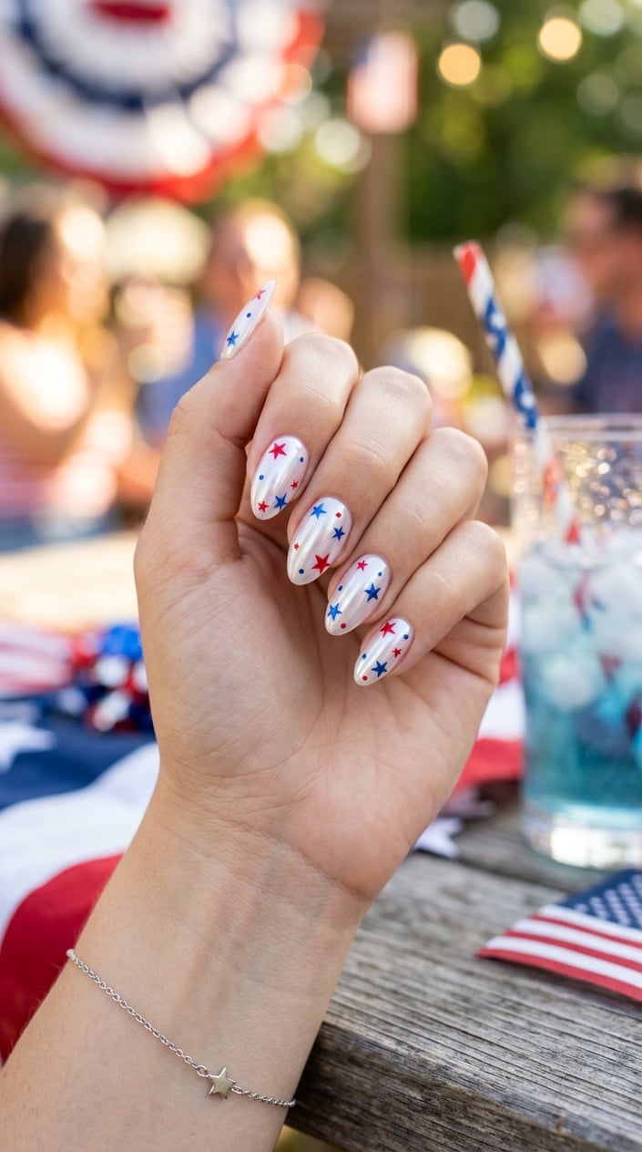Close-up of a hand with glossy nails decorated with red and blue star patterns.