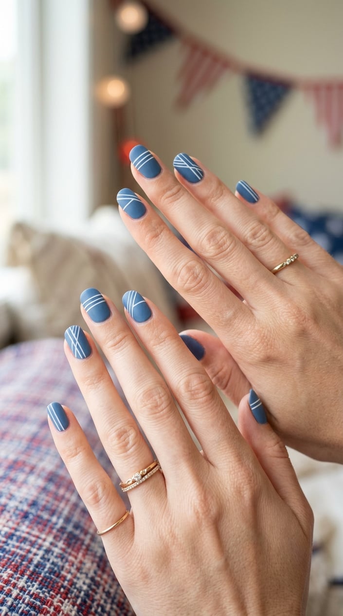 Close-up of hands with matte blue nails featuring thin white stripes.