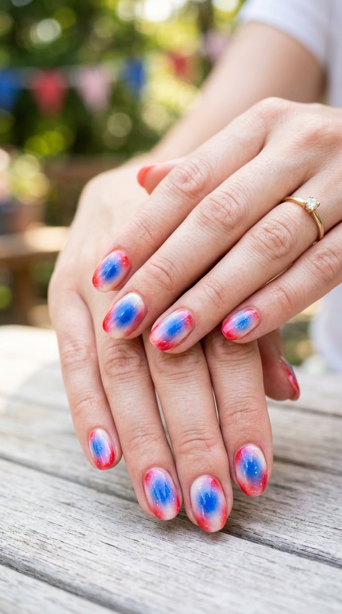 Close-up of hands with red, white, and blue painted nails in a glowing aura design.