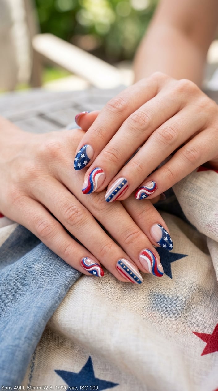 Close-up of hands with nails painted in red, white, and blue swirls with negative space designs.