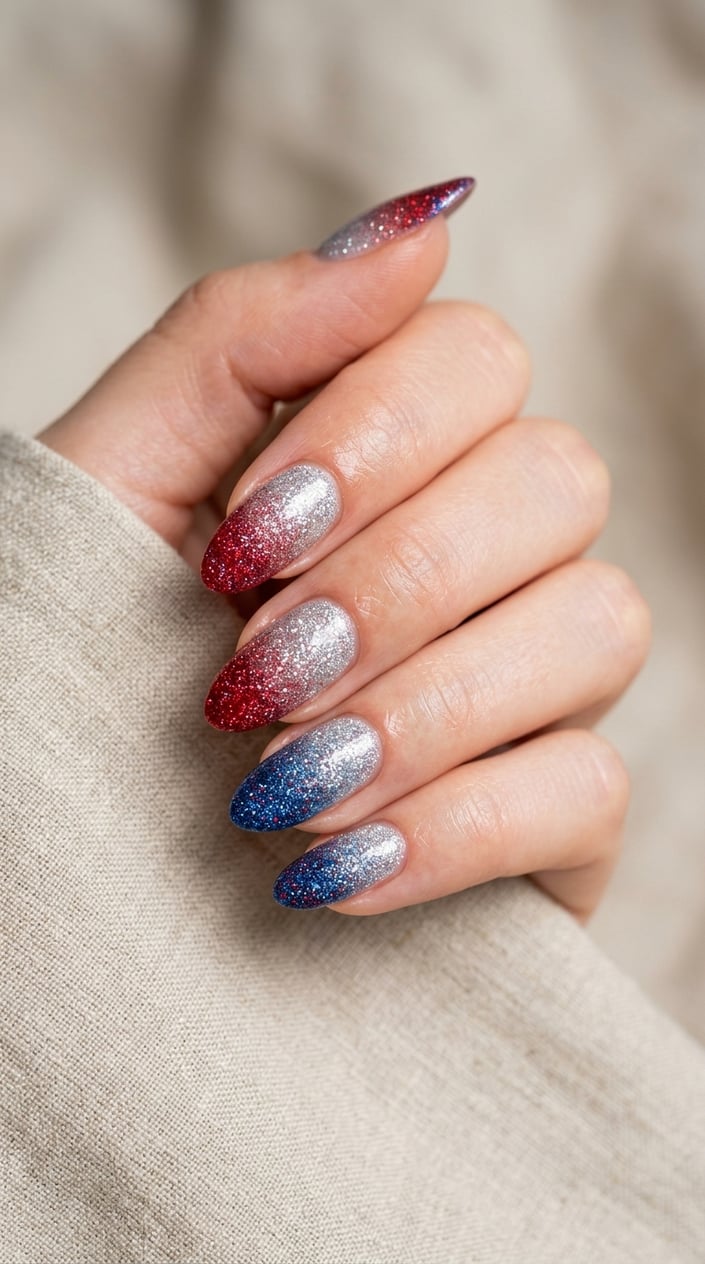 Close-up of a hand with sparkly silver nails fading into red and blue glitter tips.