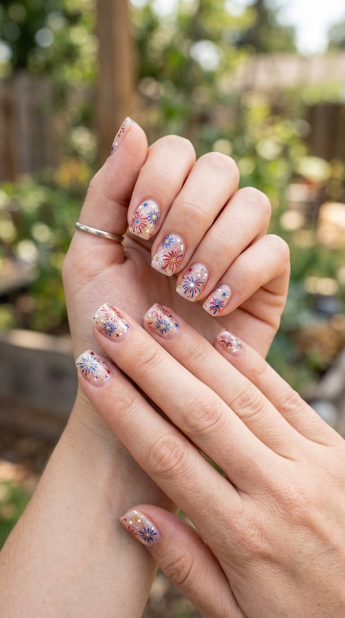 Close-up of hands with short square nails decorated with tiny fireworks nail art in red, white, and blue colors.