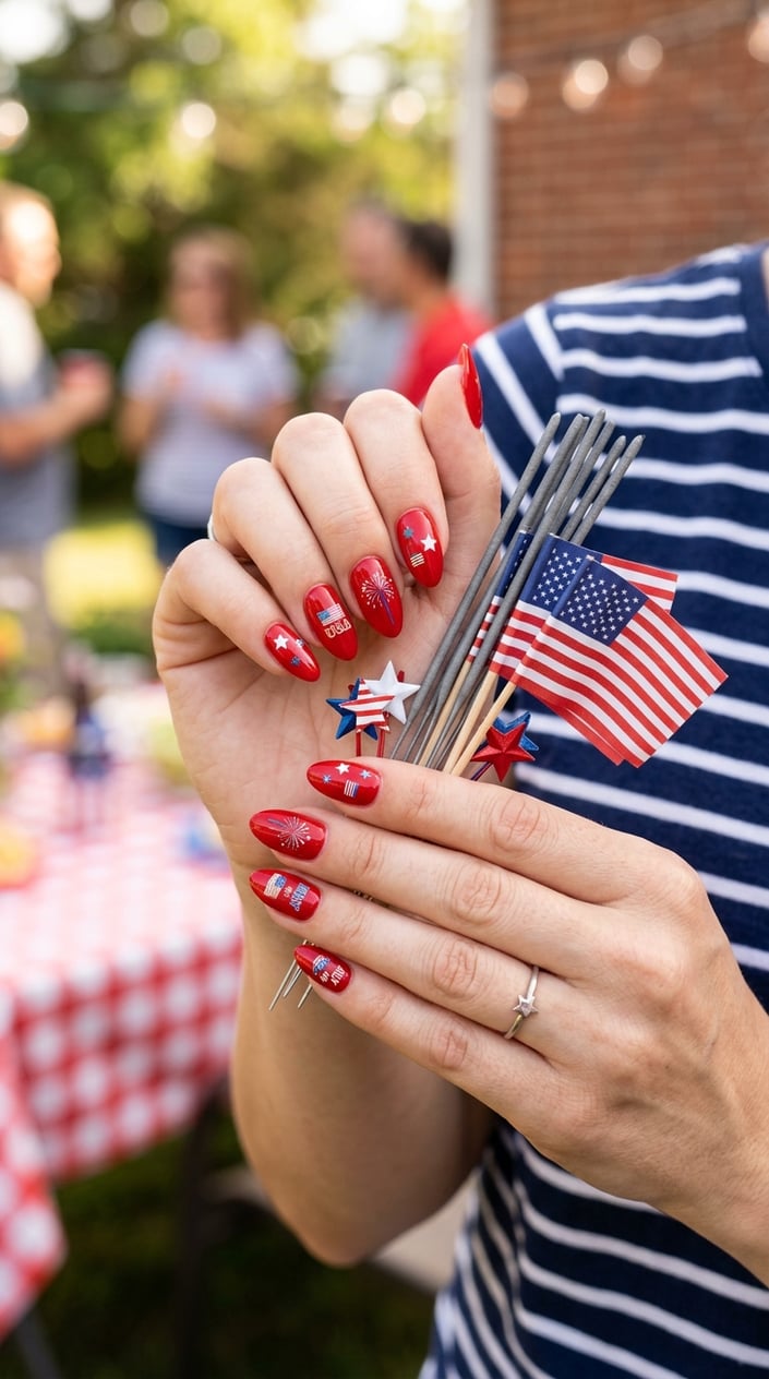 Close-up of hands with red painted nails decorated with 4th of July themed stickers holding patriotic items.