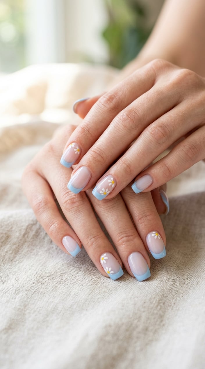 Close-up of hands with baby blue French manicure and white daisy nail art on a neutral background.