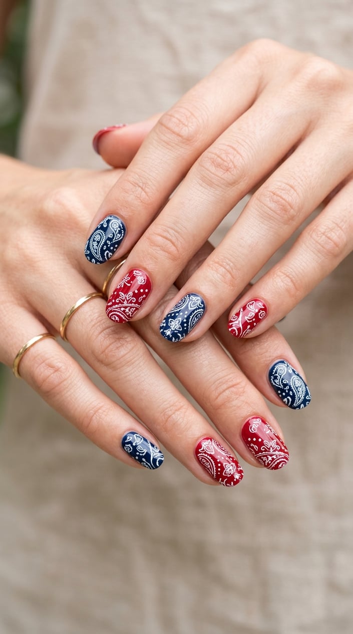 Close-up of hands with red and navy blue bandana print nail designs on a neutral background.
