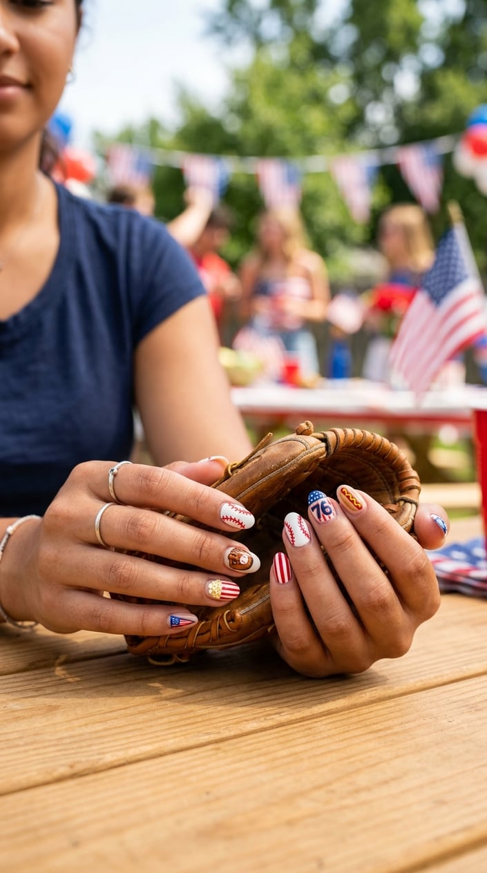 Close-up of hands showing nails painted with baseball and ballpark snack designs against a festive red, white, and blue background.