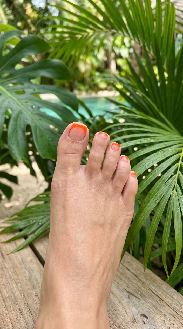 Close-up of toes with orange French tip nail polish surrounded by tropical palm leaves.