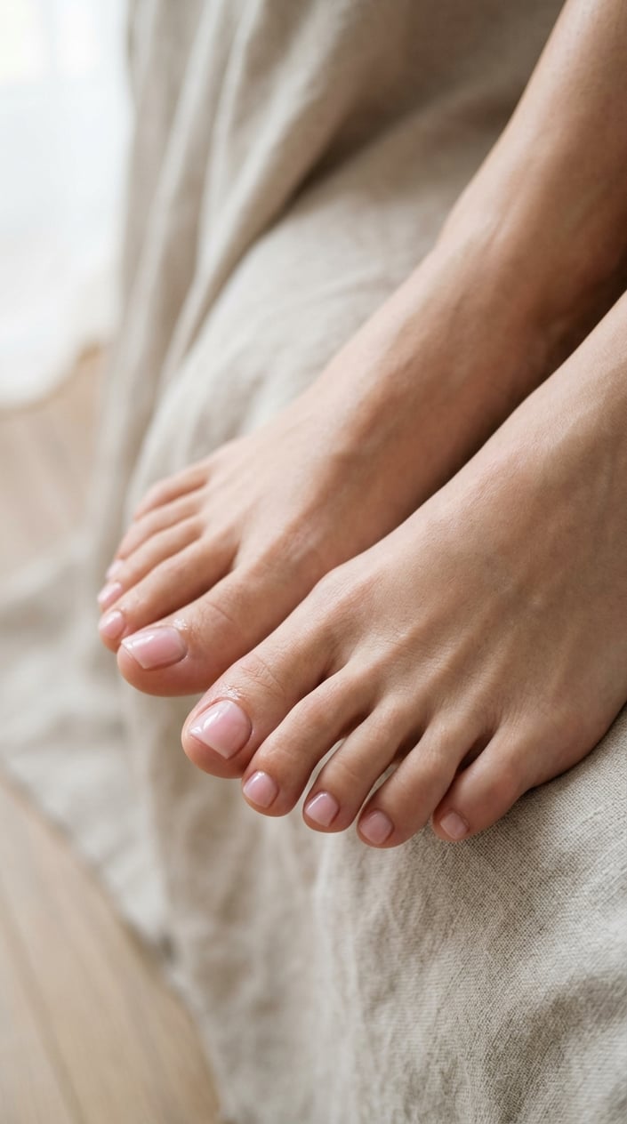 Close-up of feet with sheer baby pink jelly toe nails on a soft surface.