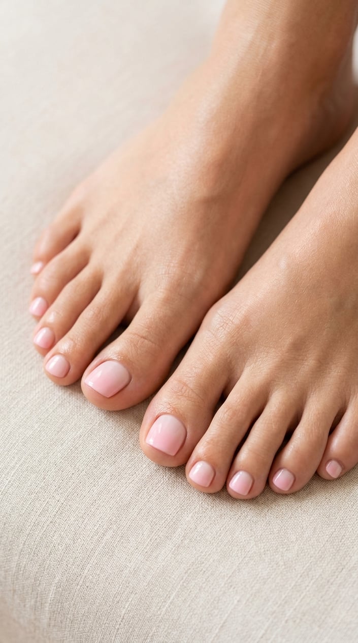 Close-up of female feet with baby pink ombre toenails on a neutral background.