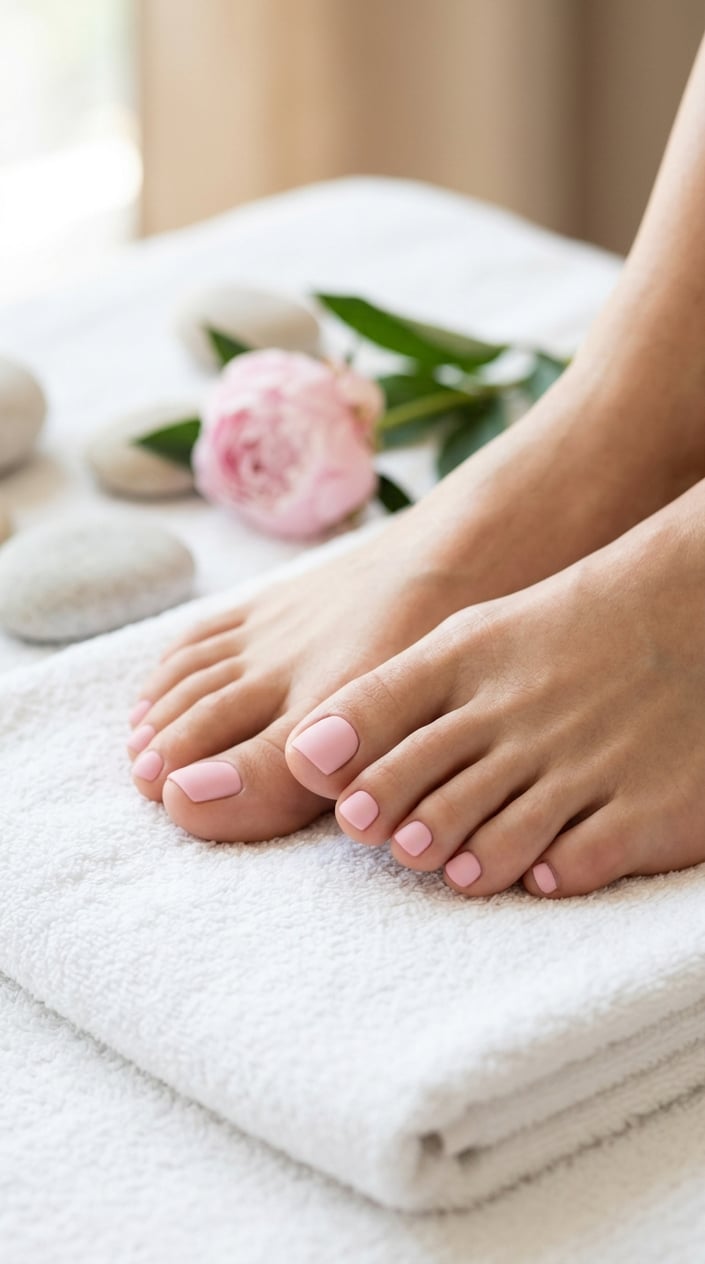 Close-up of female feet with matte baby pink toenail polish resting on a white surface surrounded by spa elements.