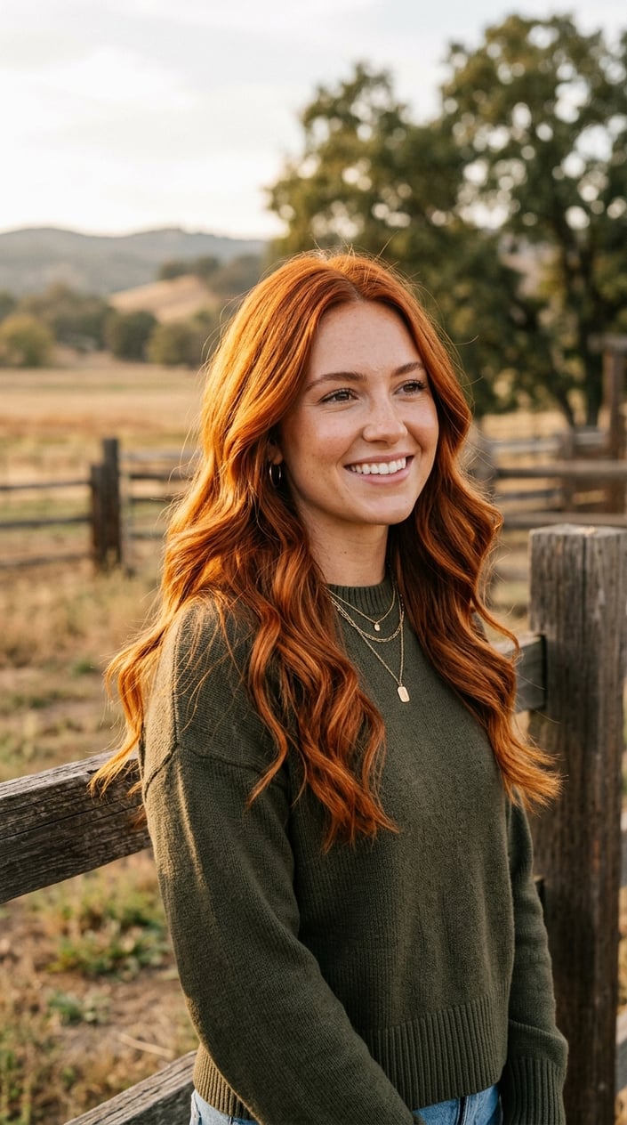 A young woman with vibrant copper-colored hair standing outdoors in a rustic setting, smiling gently.