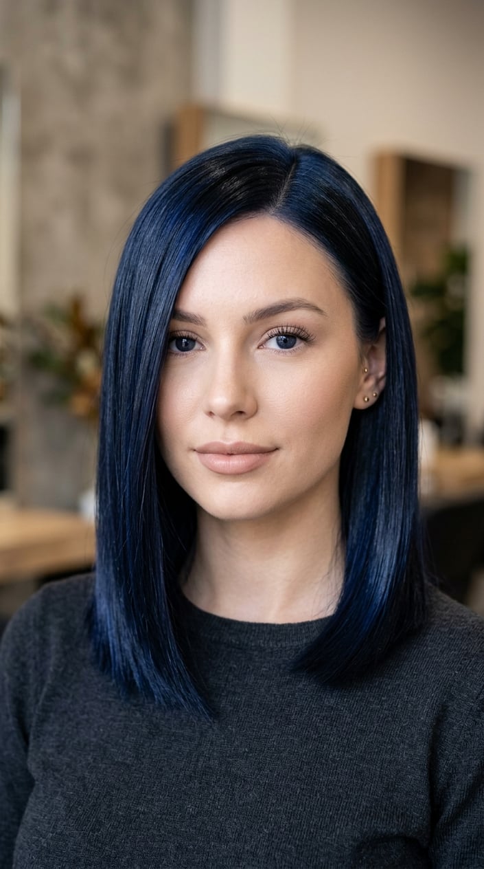 Close-up of a woman with shiny midnight blue and black hair, looking slightly to the side against a blurred background.