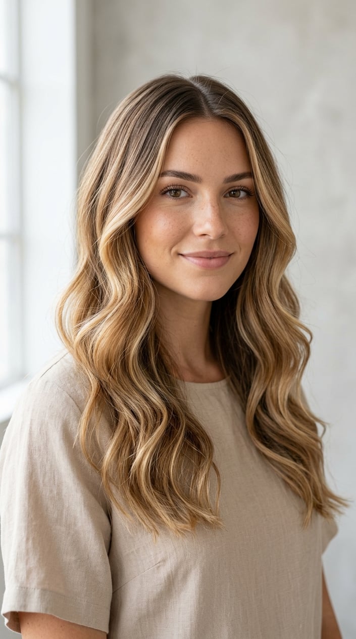 Close-up of a woman with honey blonde balayage hair styled in loose waves against a neutral background.