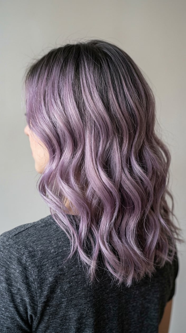 Close-up of a woman with dark roots blending into soft lilac hair, styled in loose waves against a plain background.