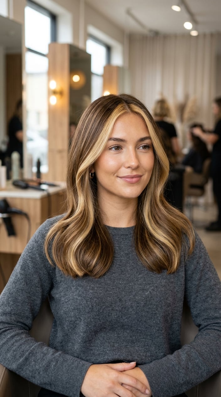 Close-up of a woman with blonde front highlights and darker hair in a salon setting.