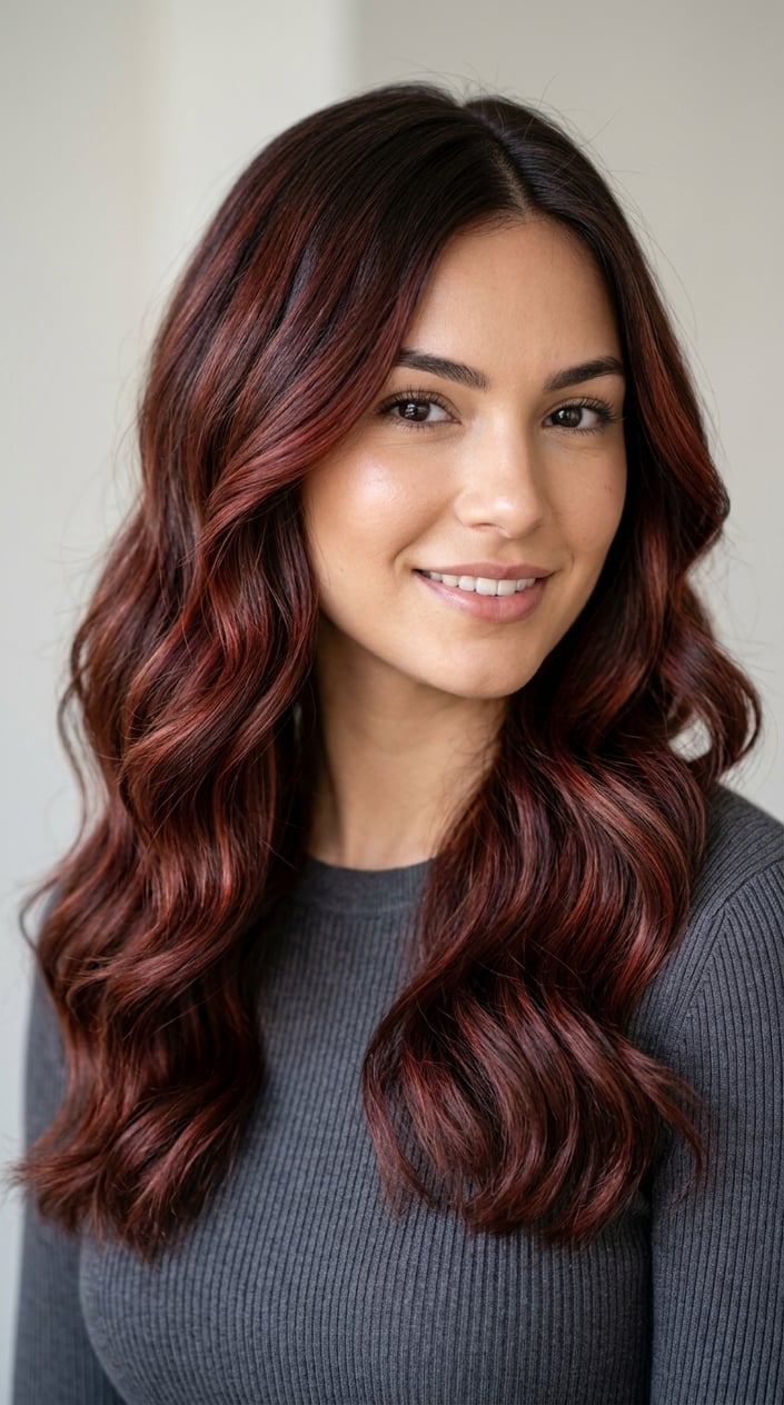 Close-up portrait of a young woman with wavy brunette hair featuring reddish highlights, smiling softly against a plain background.