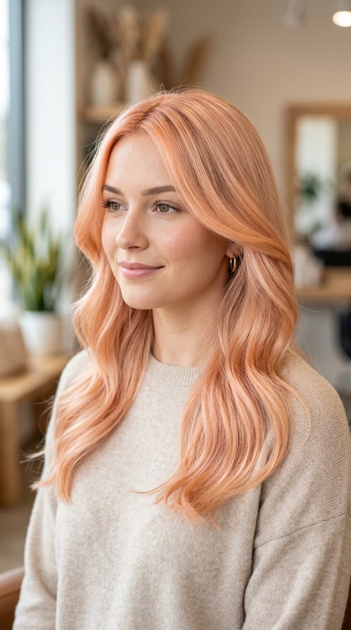 Close-up of a woman with flowing peach champagne blonde hair against a soft blurred background.