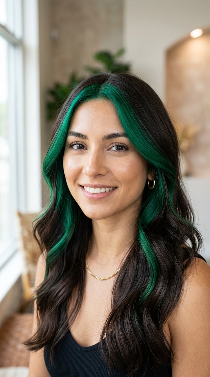 Close-up of dark brown hair with vibrant emerald green highlights at the front.