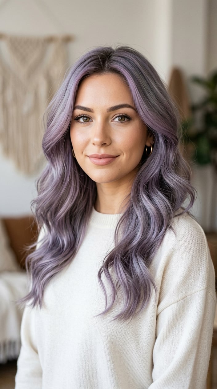 Close-up portrait of a young woman with smoky lavender hair styled in soft waves, wearing a simple outfit against a neutral background.