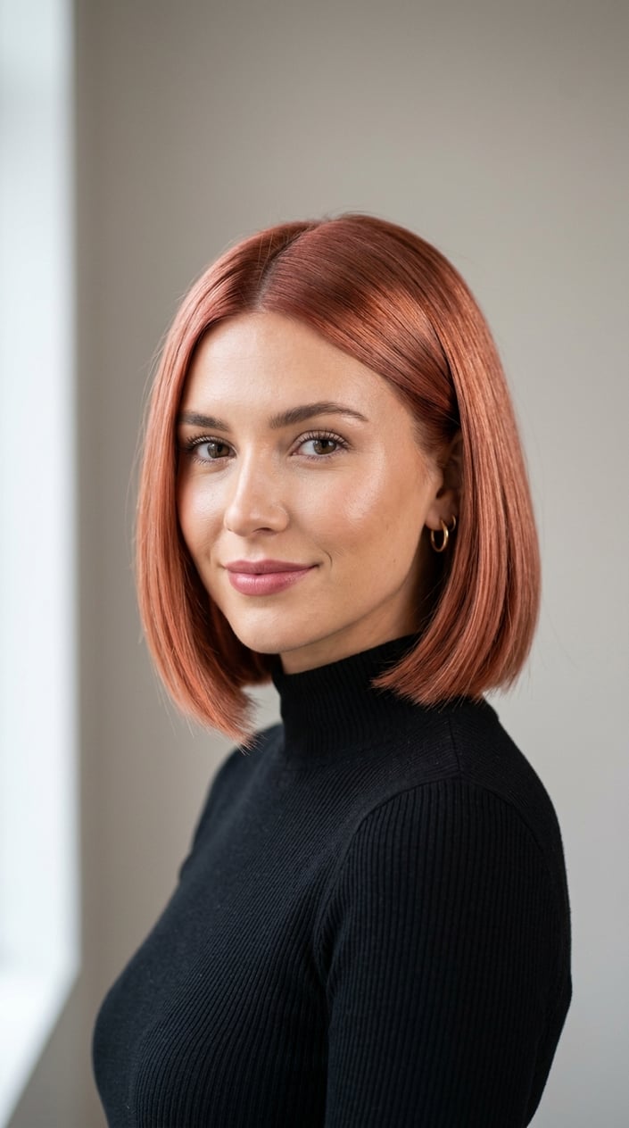 Close-up portrait of a woman with a rose gold copper bob haircut against a plain background.