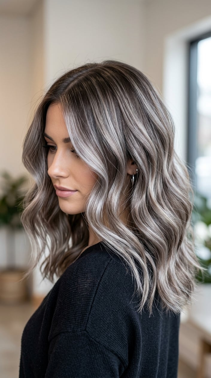 Close-up of a person with hair dyed in a silver and brown blend, showing smooth color transitions and texture.