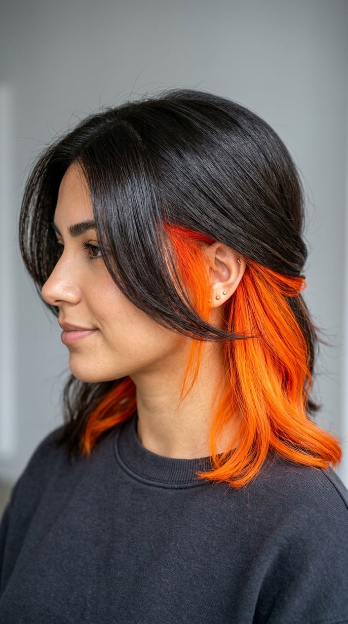 Close-up of a person with neon tangerine hair color peeking from underneath darker top layers.