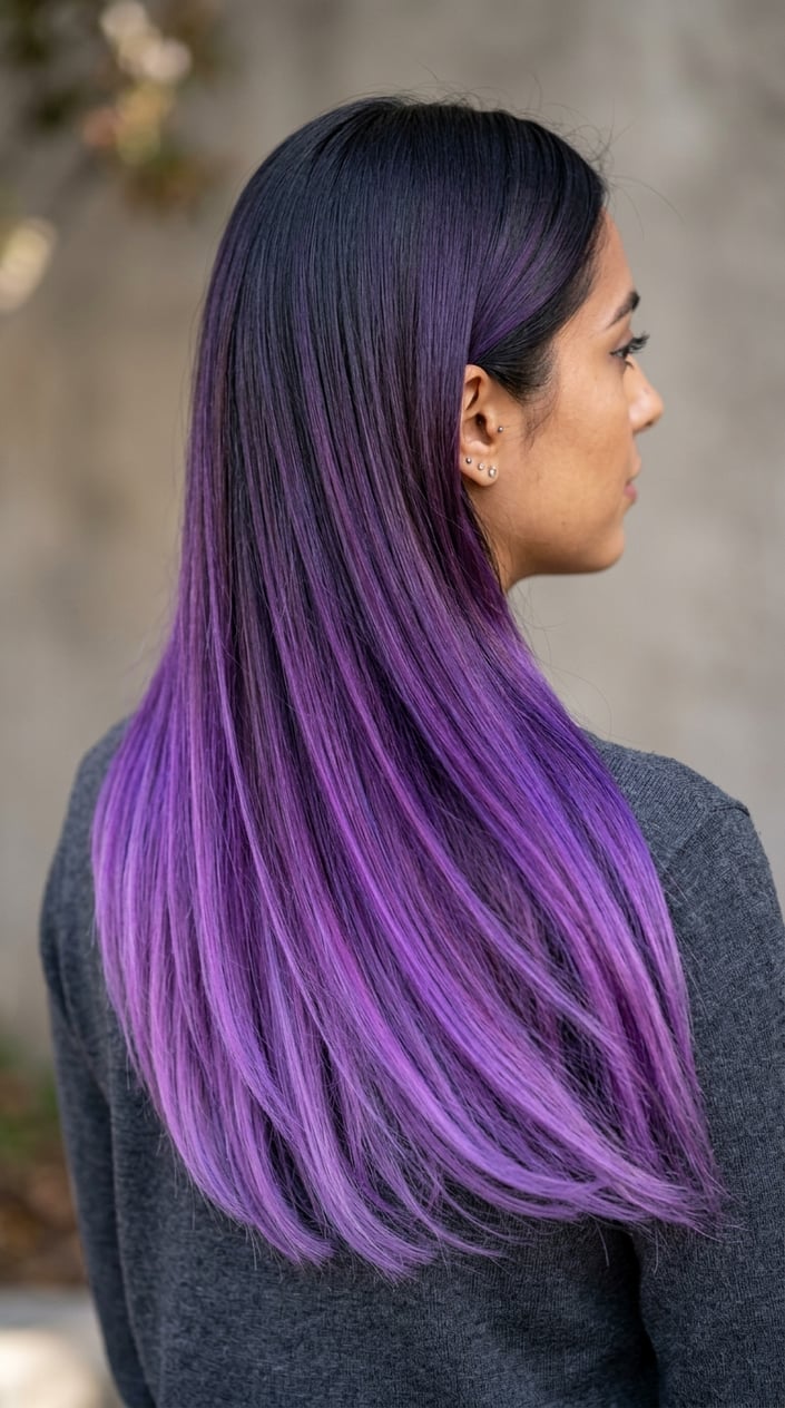 Close-up of a woman with long hair dyed purple at the ends against a neutral background.