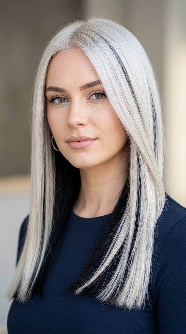 Close-up portrait of a person with icy platinum blonde hair and black sections underneath, looking confidently at the camera.