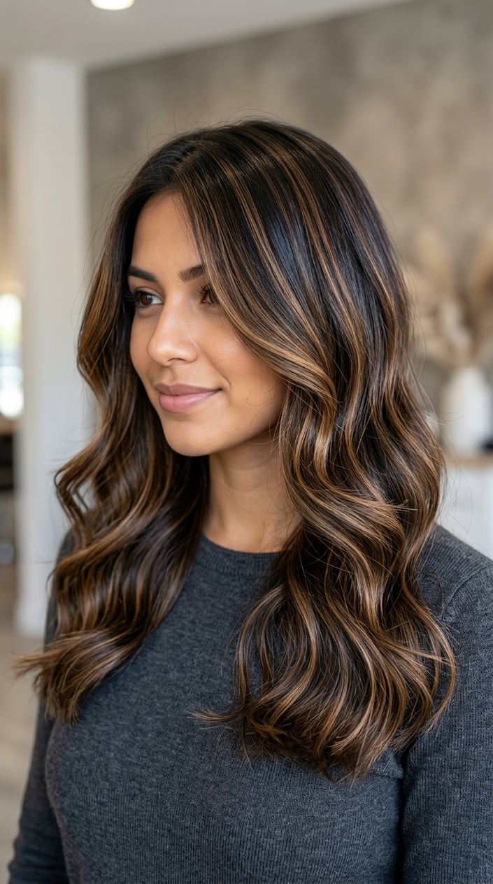 Close-up of a woman with long brown hair featuring caramel highlights.