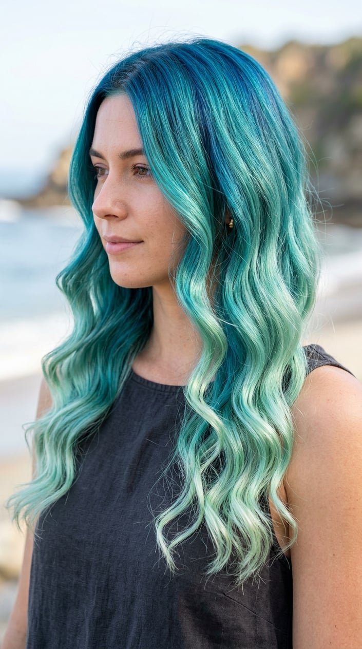 Close-up of a person with teal ocean wave ombre hair styled in loose waves.
