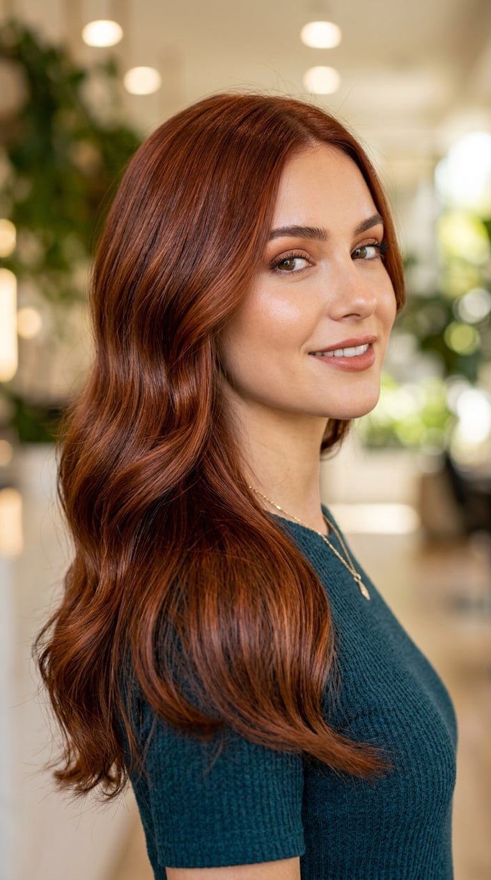 Close-up of a woman with glossy burnt cinnamon auburn hair styled elegantly over her shoulder.