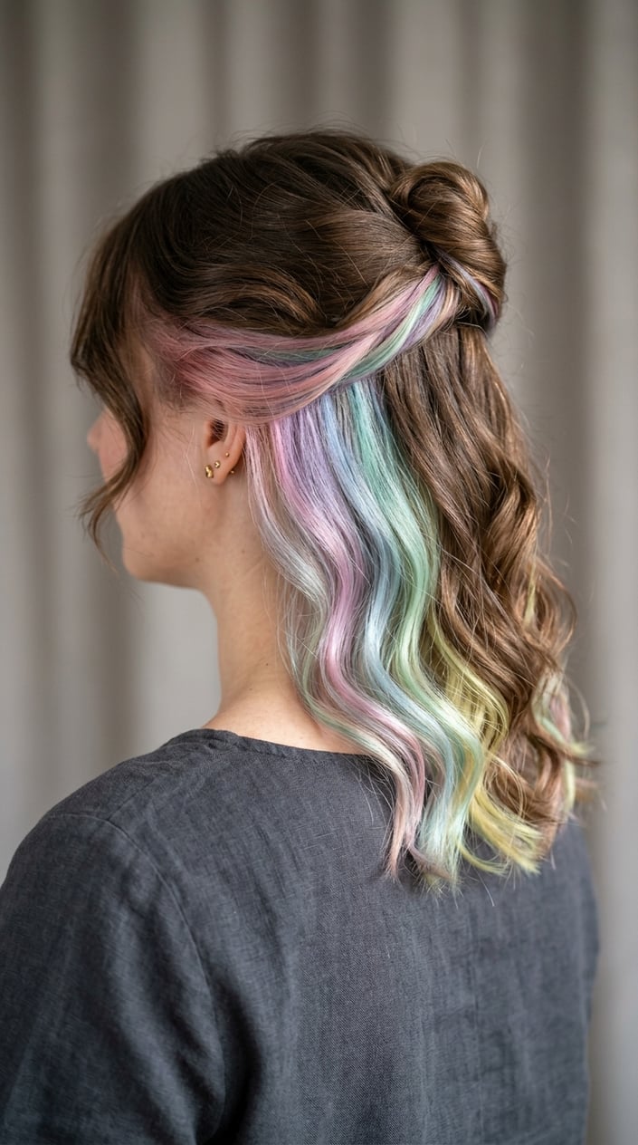 Close-up of a person showing pastel rainbow colors hidden under their natural hair.