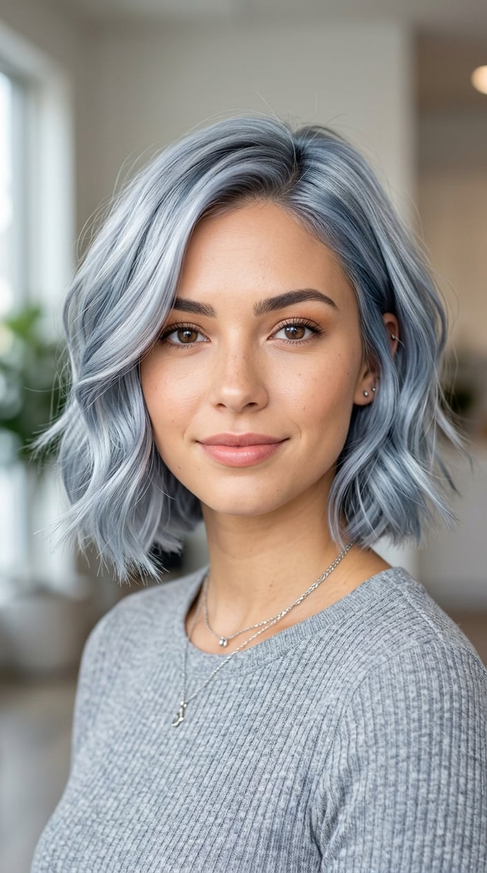 Close-up portrait of a young woman with silver ice dyed hair and a neutral blurred background.