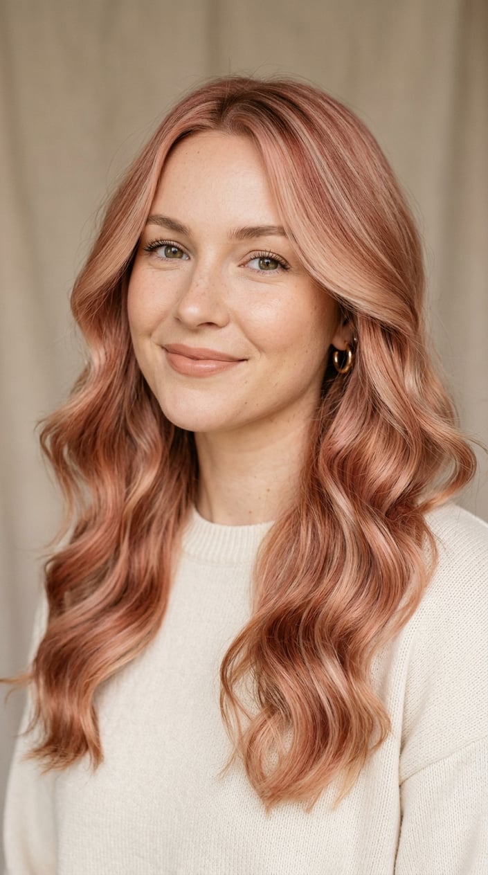 Close-up of a young woman with wavy strawberry milk blonde hair against a plain background.